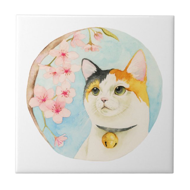 Calico Cat and Flowers Japanese Tile (Front)