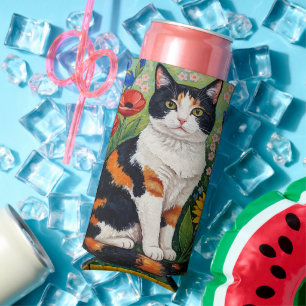 Calico Cat and Folk Art Sunflowers Seltzer Can Cooler