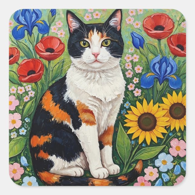 Calico Cat and Folk Art Sunflowers Square Sticker (Front)