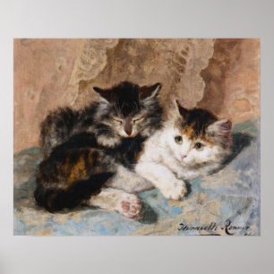 Calico Cat and Grey Kitten Fine Art Painting Poster