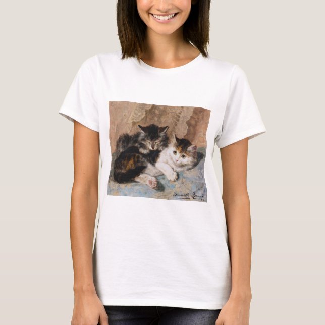 Calico Cat and Grey Kitten Fine Art Painting T-Shirt (Front)
