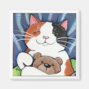 Calico Cat and Teddy Bear   Cat Art Magnet