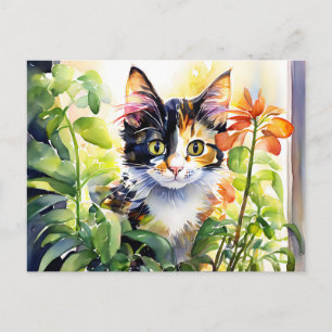 Calico Cat Behind Vibrant Potted Plant Postcard