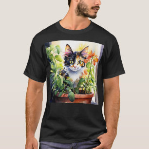Calico Cat Behind Vibrant Potted Plant T-Shirt