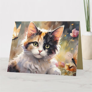 Calico Cat, Butterflies Spring Garden Thank You Card