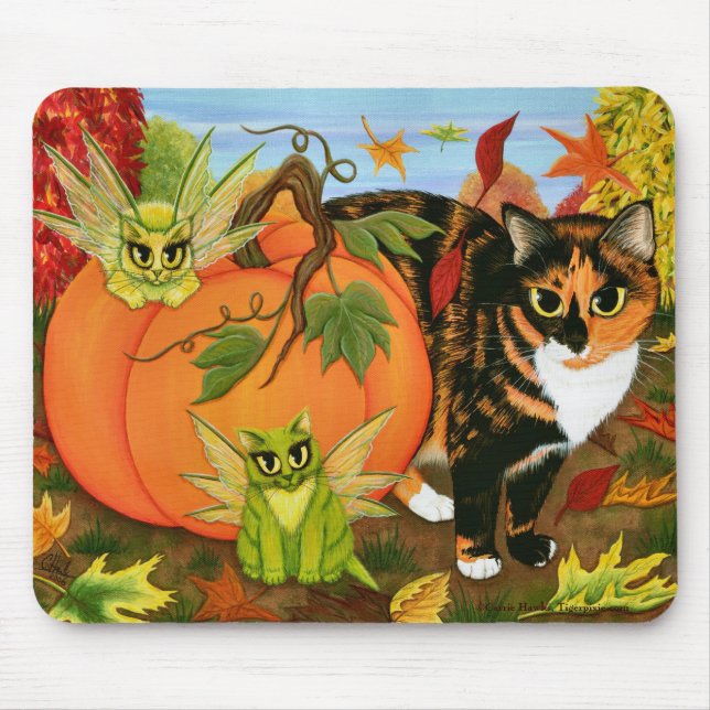 Calico Cat Fairy Cats Leaves Fall Autumn Art Mouse Pad (Front)