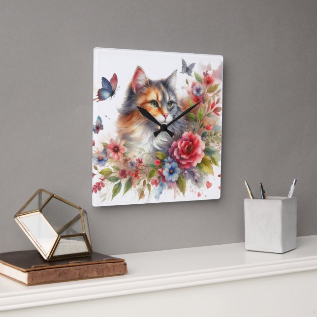 Calico Cat Floral Wall Clock (Office)