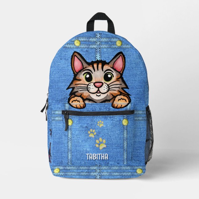 Calico Cat in Faux Denim Pocket with Custom Name Printed Backpack (Front)