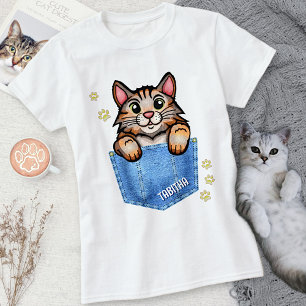 Calico Cat in Faux Denim Pocket with Custom Name T-Shirt