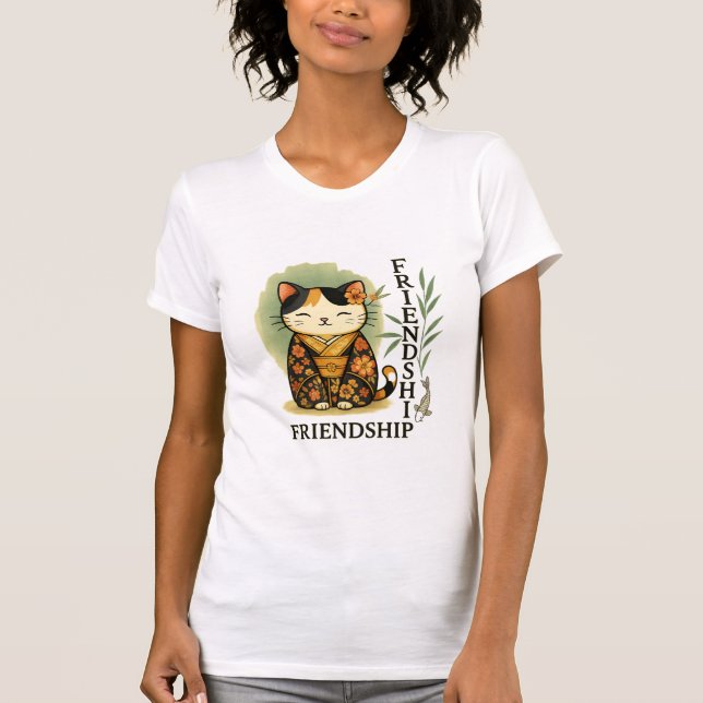 Calico Cat in Kimono, Japanese Art, Friendship T-Shirt (Front)