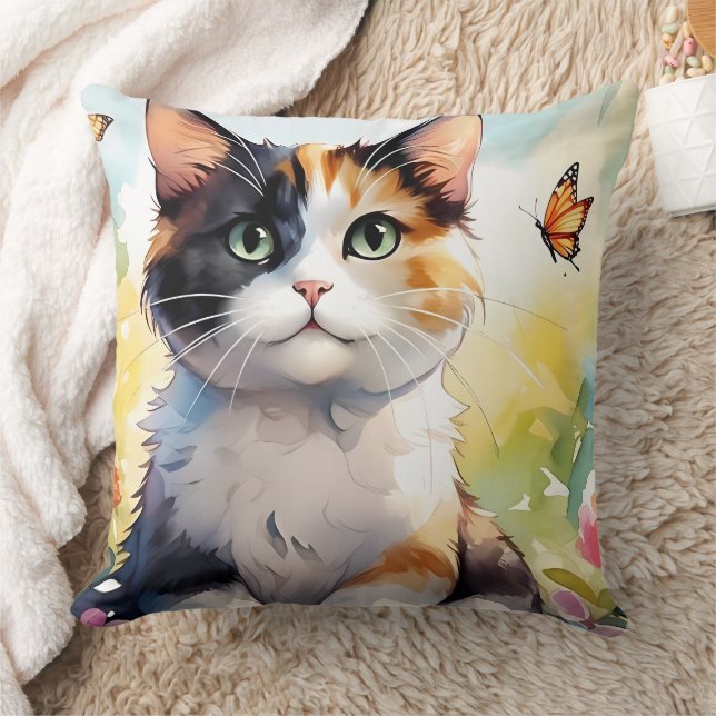 Calico Cat in Spring Garden with Butterflies Cushion (Blanket)