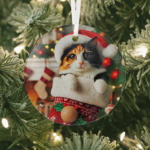 Calico Cat in Stocking Glass Ornament