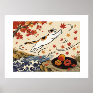 Calico Cat Maple Leaves Momiji Manju Japanese Art Poster