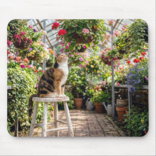 Calico Cat on a Stool in a Greenhouse Mouse Pad