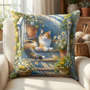Calico Cat on Floral Porch Cottagecore Cushion