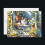 Calico Cat on Floral Porch Cottagecore Postcard<br><div class="desc">A sleepy calico cat lounges on sun-dappled wooden steps surrounded by potted daisies, ivy, and wildflowers in this dreamy floral porch illustration. Capturing the essence of cottagecore aesthetic, the scene invites a sense of warmth and relaxation, with soft sunlight casting playful shadows across the cosy summer setting. Rendered in a...</div>