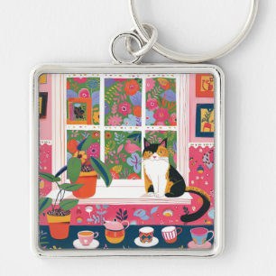 Calico Cat on Window Sill Pop Art Key Ring