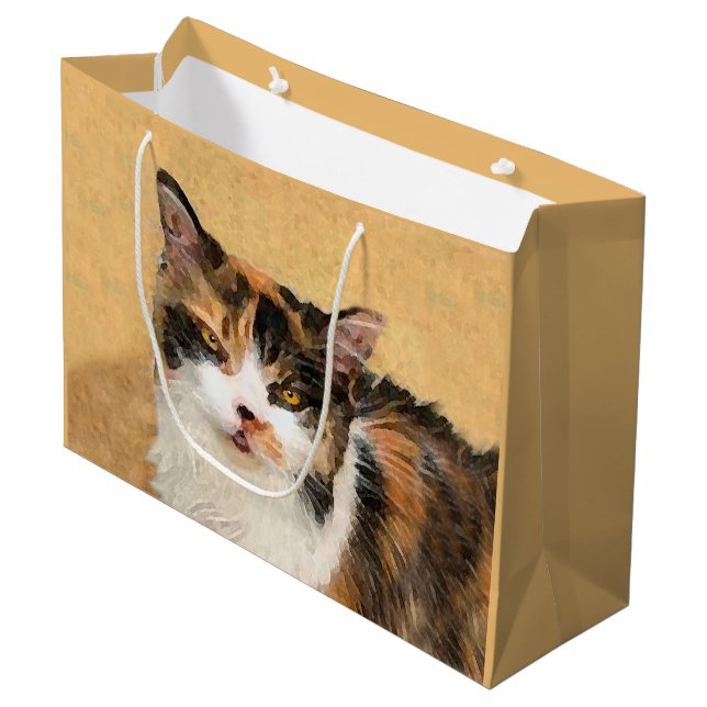 Calico Cat Painting - Cute Original Cat Art Large Gift Bag (Front Angled)