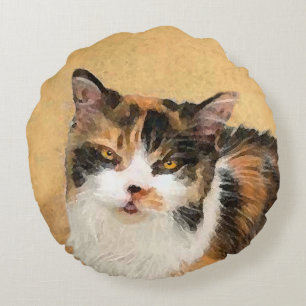 Calico Cat Painting - Cute Original Cat Art Round Cushion