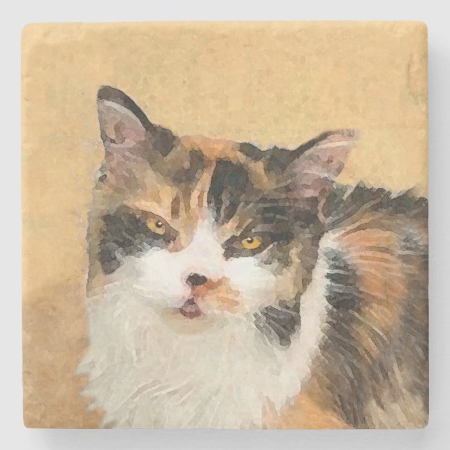 Calico Cat Painting - Cute Original Cat Art Stone Coaster (Front)
