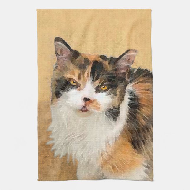 Calico Cat Painting - Cute Original Cat Art Tea Towel (Vertical)