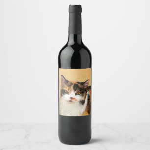 Calico Cat Painting - Cute Original Cat Art Wine Label
