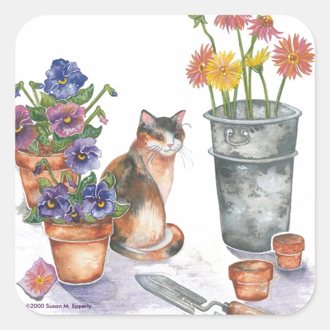 Calico Cat Pansies Daisies Watercolor "Don Juan" Square Sticker (Front)