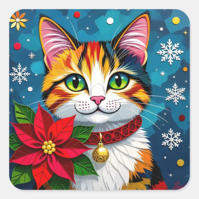 Calico Cat, Poinsettias and Snowflakes Christmas Square Sticker (Front)