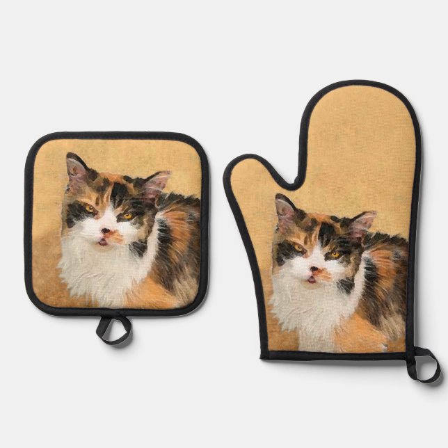 Calico Cat Portrait Painting Cute Original Art Oven Mitt & Pot Holder Set (Front)