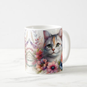 Calico Cat Portrait with Flowers Coffee Mug