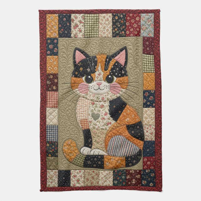 Calico Cat Quilt  Tea Towel (Vertical)