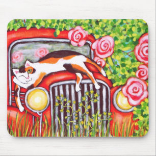 Calico Cat, Roses & Old Car Art Mousepad