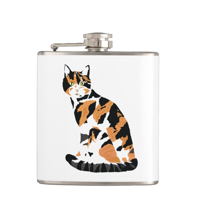 Calico cat sitting hip flask (Front)