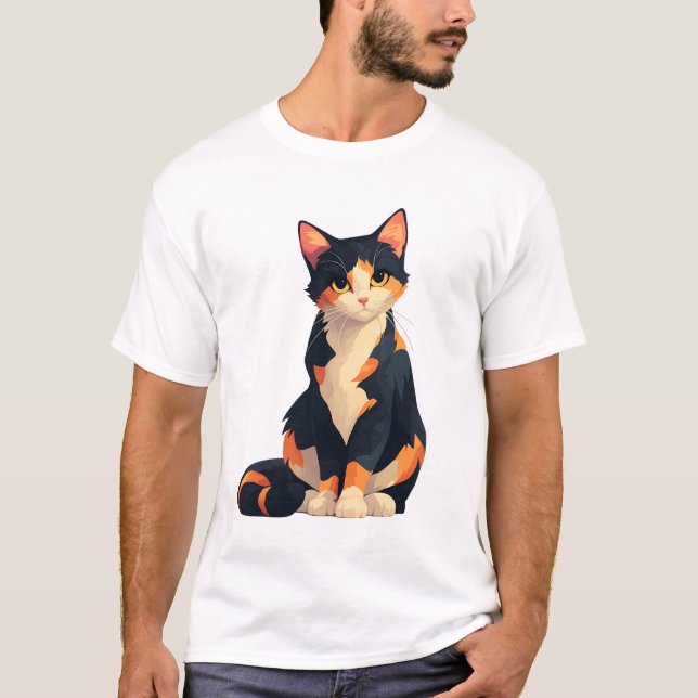 Calico Cat Sitting Illustration T-Shirt (Front)