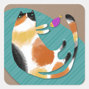 Calico cat & toy square sticker