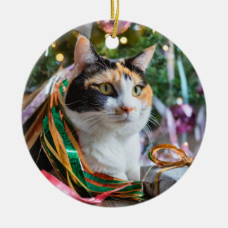 Calico Cat Under a Christmas tree with presents Ceramic Tree Decoration