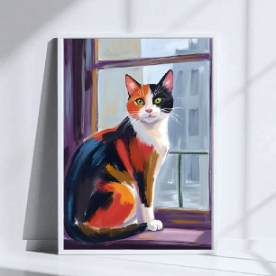 Calico Cat   Watercolor Windowsill Pet Art Poster