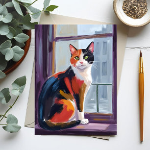 Calico Cat Watercolor Windowsill Pet Postcard