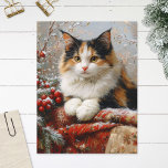 Calico Cat Winter Scene Painting Postcard<br><div class="desc">Postcard art featuring a painting of beautiful calico cat in a winter scene surrounded by red berries,  pine sprigs and cosy fabrics.</div>