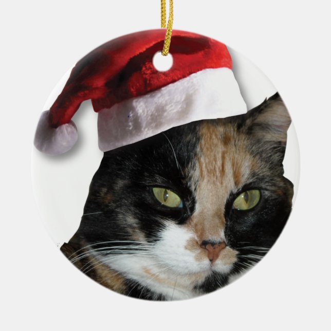 Calico Cat with a Santa Claus Hat Ceramic Tree Decoration (Front)