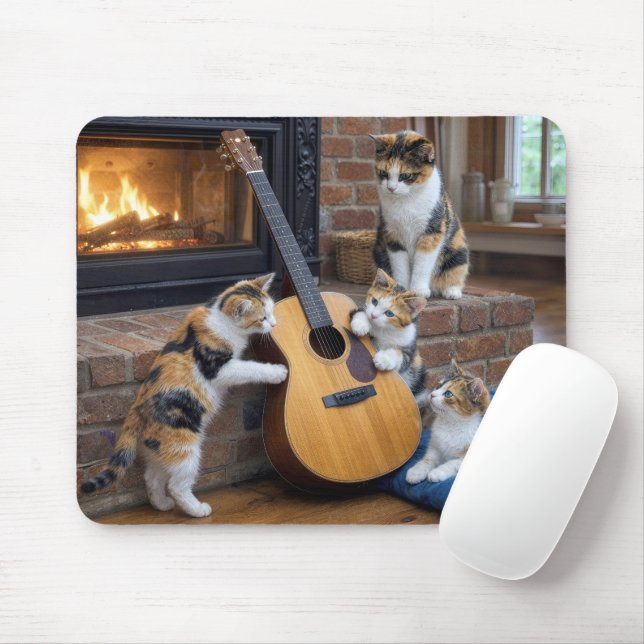 Calico Cat with Kittens and Guitar Mouse Pad (With Mouse)