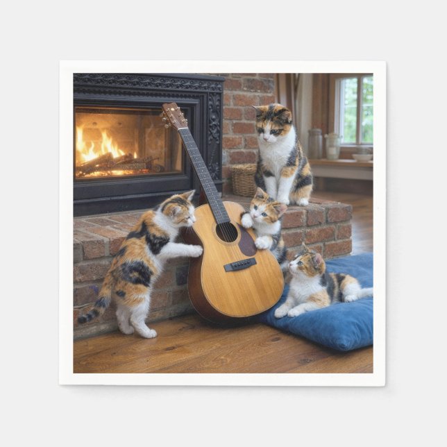 Calico Cat with Kittens and Guitar Napkin (Front)