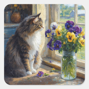 Calico Cat with Pansy Bouquet by Farmhouse Window Square Sticker
