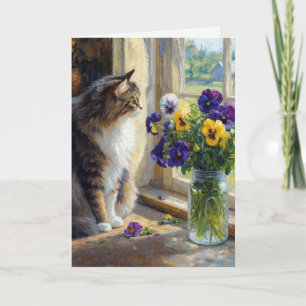 Calico Cat with Pansy Bouquet Card