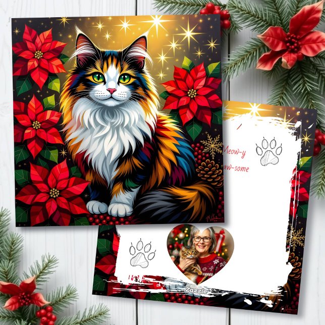 Calico Cat with Poinsettias Custom Christmas Holiday Card (Creator Uploaded)