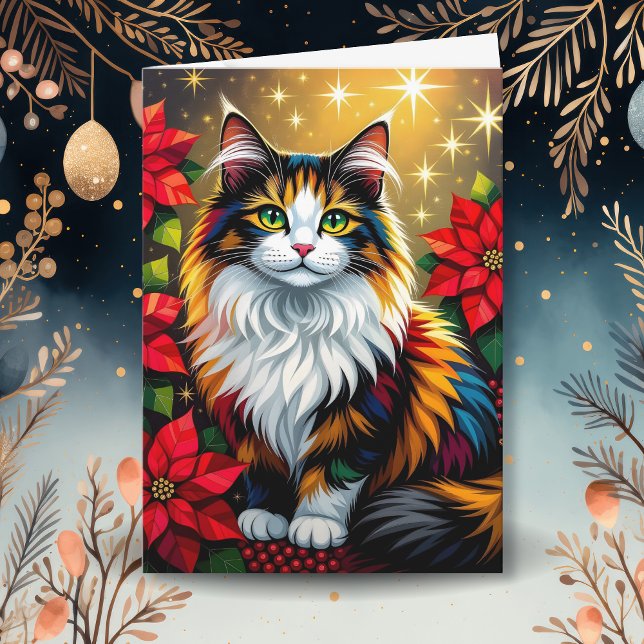 Calico Cat with Poinsettias Custom Christmas Holiday Card (Creator Uploaded)