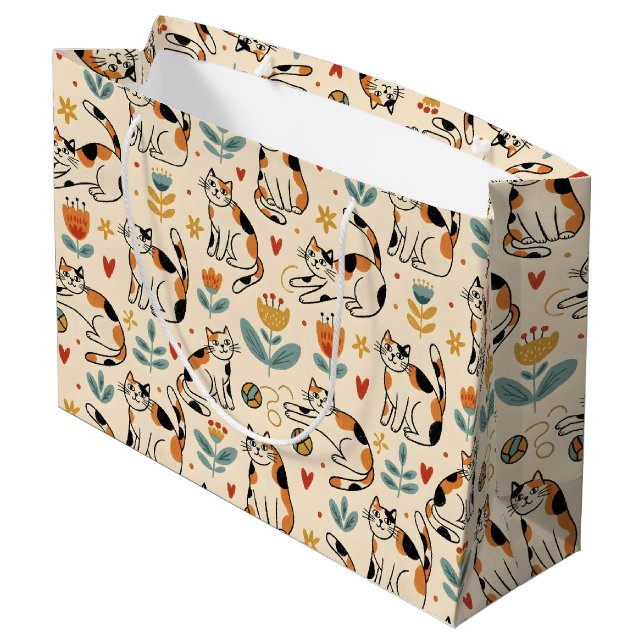 Calico Cats Naive Art Style Large Gift Bag (Back Angled)