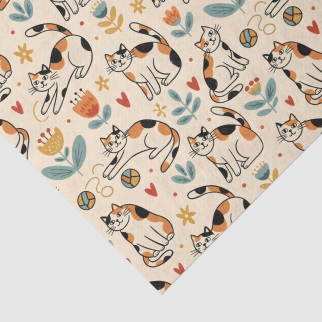 Calico Cats Naive Art Style Tissue Paper (Detail)