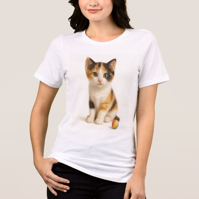 Calico Curiosity – Kitten with Colour Pop Ball Tri-Blend Shirt (Front)