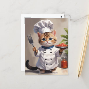 Calico Kitten Chef with Fork Cute Baking Cat Postcard